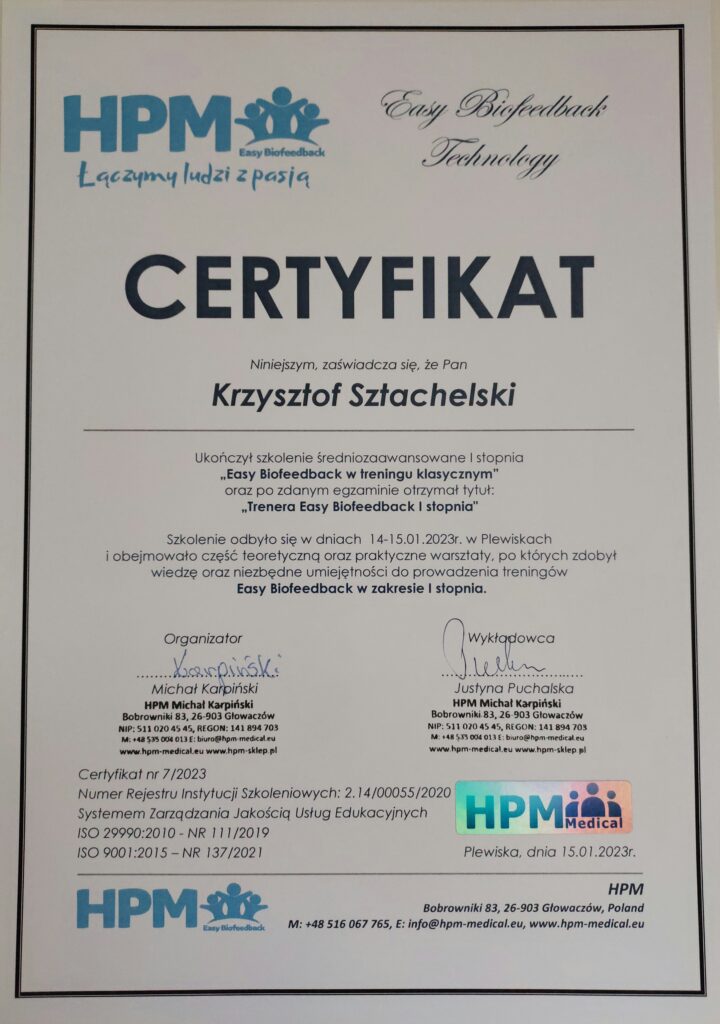 Certyfikat EEG Biofeedback Krzysztof Sztachelski