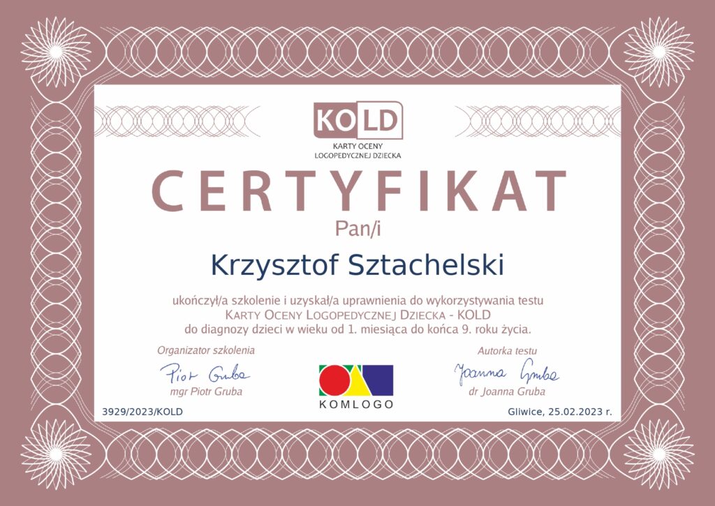 Certyfikat KOLD Krzysztof Sztachelski Logopeda