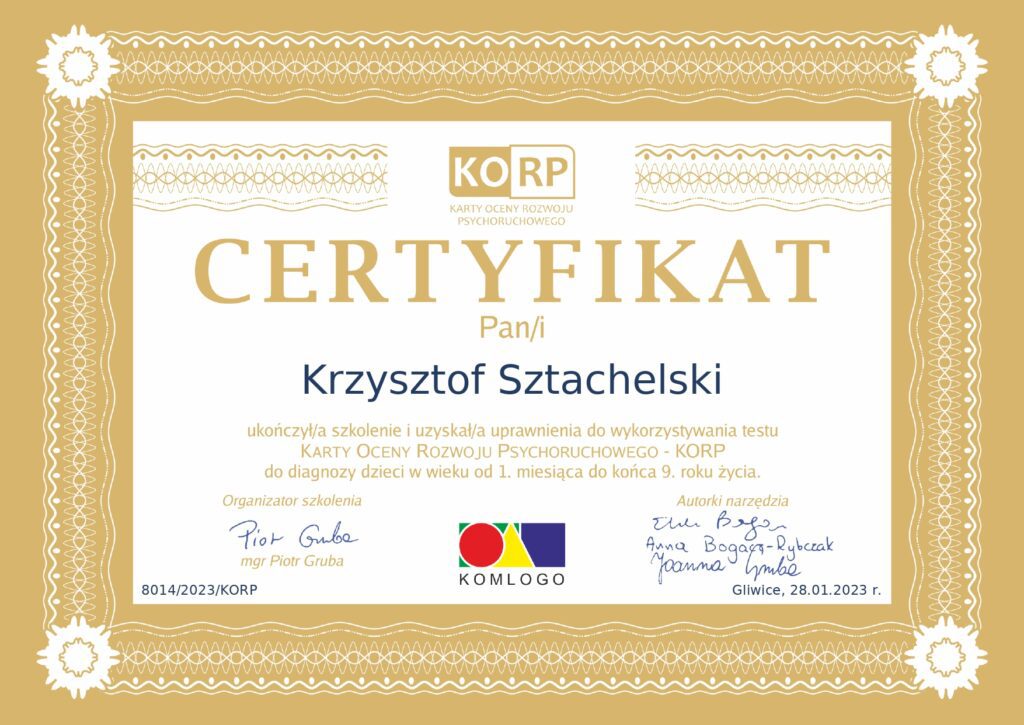 Certyfikat KORP Krzysztof Sztachelski Logopeda